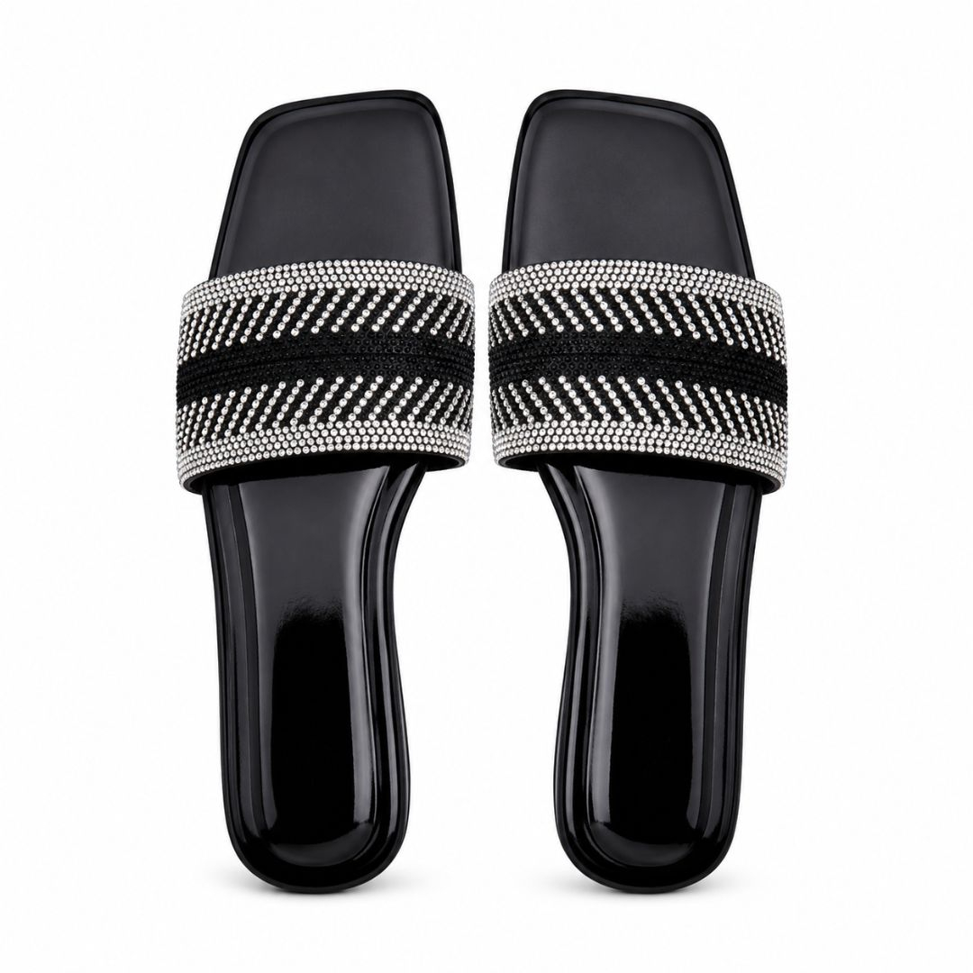 Womens Black Rhinestone Double Strap Flat Slide Sandals