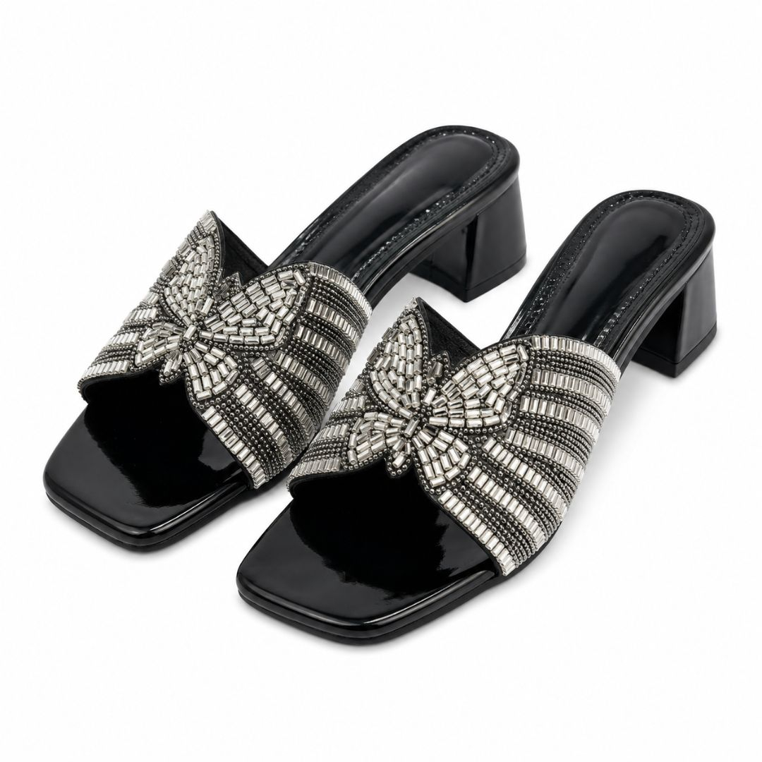 Womens Black Rhinestone Bow Block Heel Slide Sandals