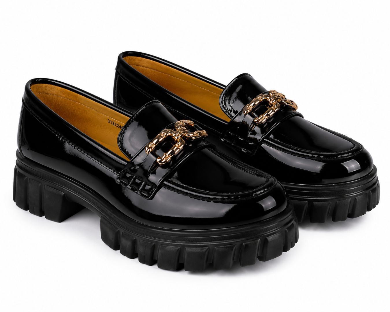Womens Premium Patent Leather Gold Chain Platform Loafers