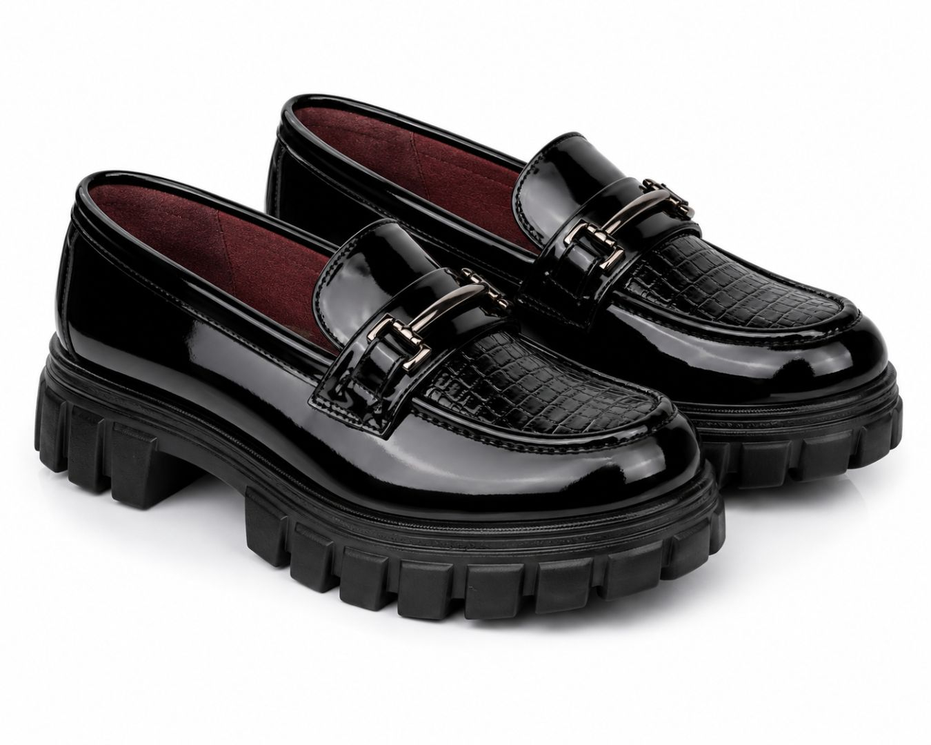 Womens Premium Patent Leather Croc Embossed Platform Loafers