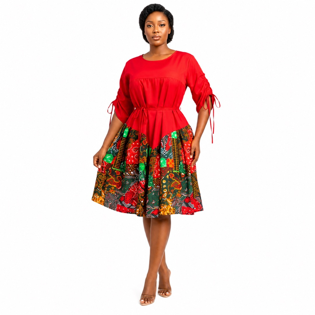 Red Flutter Sleeve Dress with Patterned Border Hem