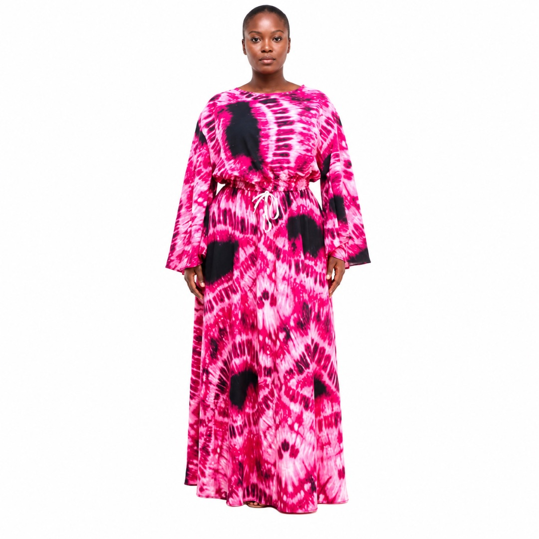 Pink and Black Tie Dye Maxi Dress with Flare Sleeves