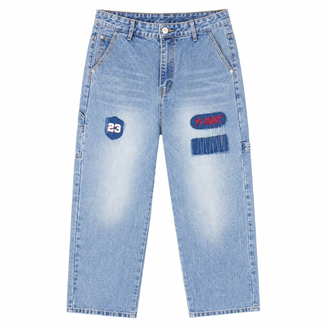 Quality Men Light Wash Straight Leg Denim Jeans with Patch Detail