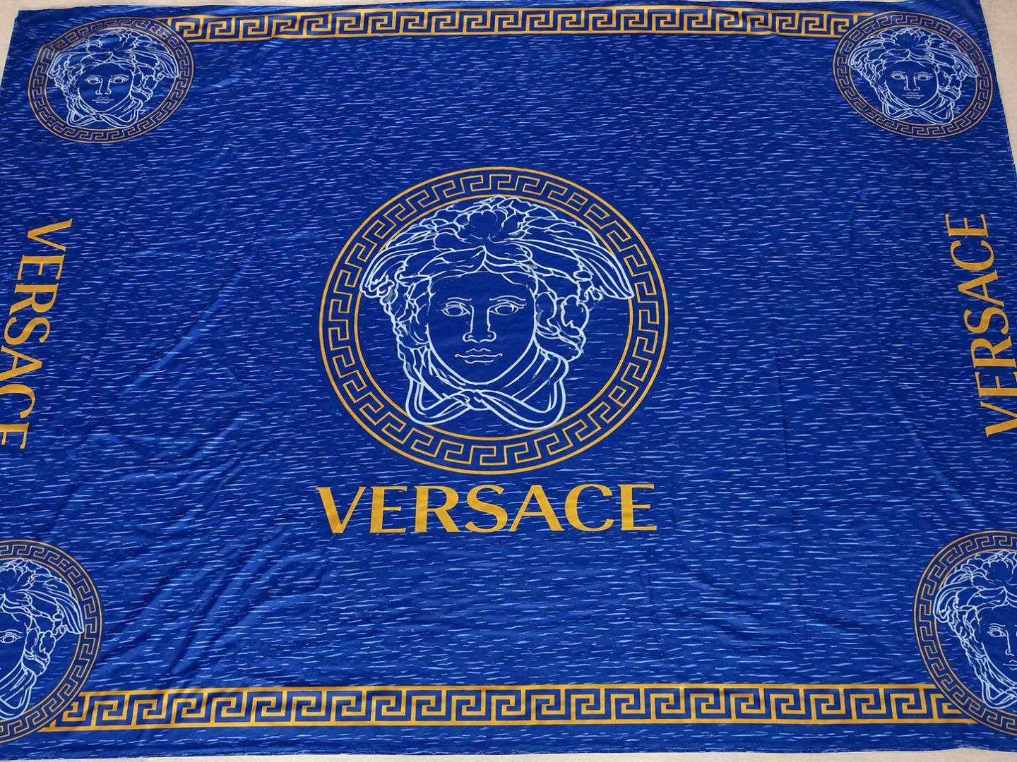 Blue and Gold Classical Print Bedding Material with Greek Key Border Design