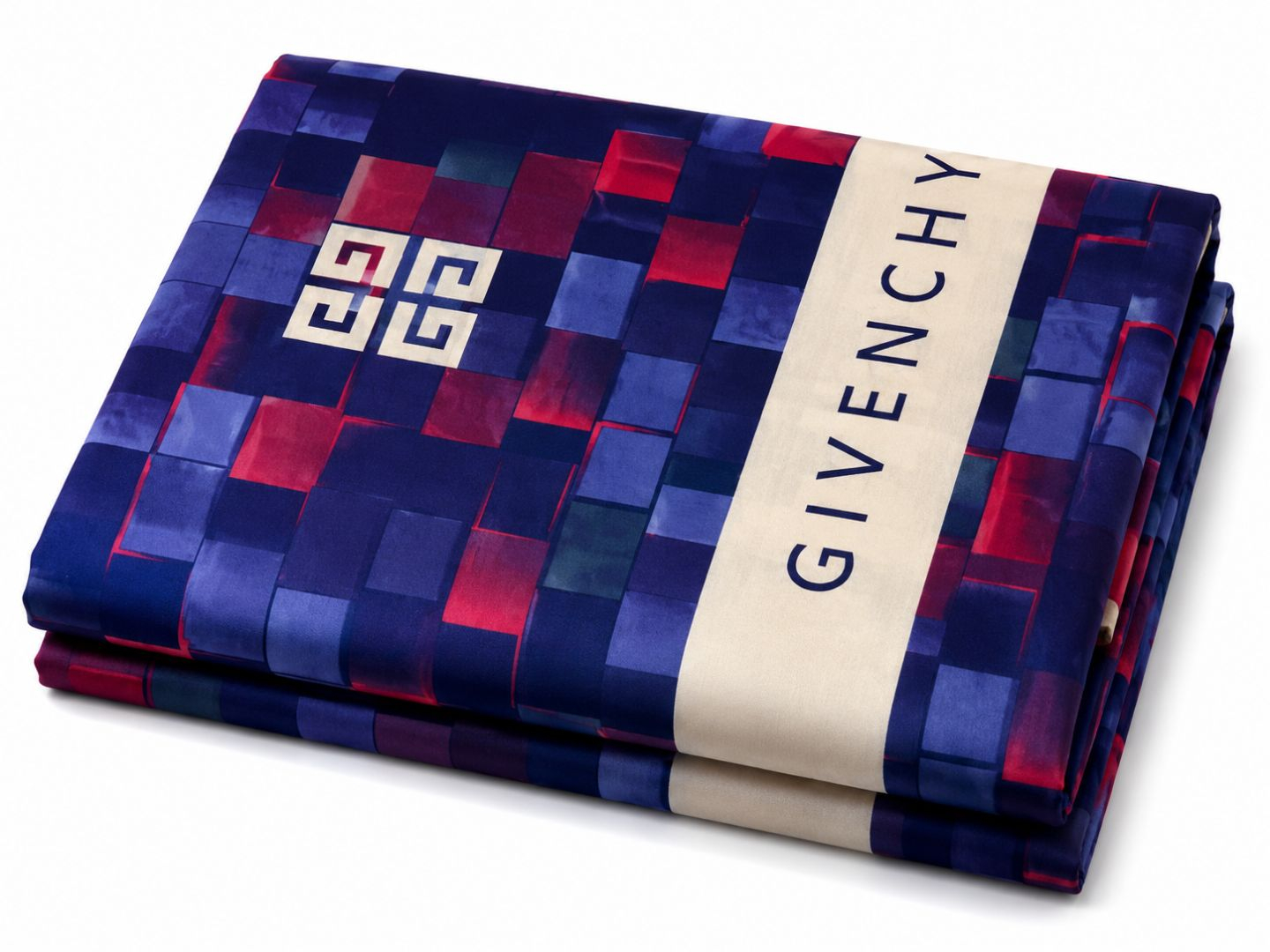 Navy Blue and Red Geometric Print Bedding Material with Cream Vertical Panel