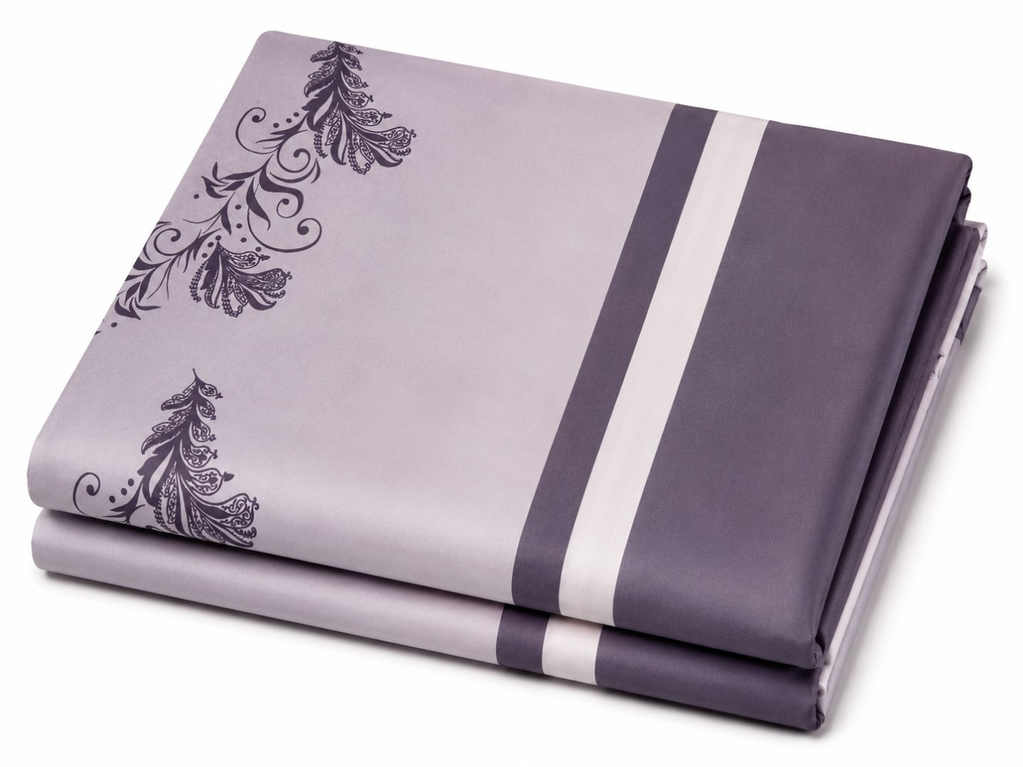 Grey and White Floral Print Bedding Material with Vertical Stripe Design