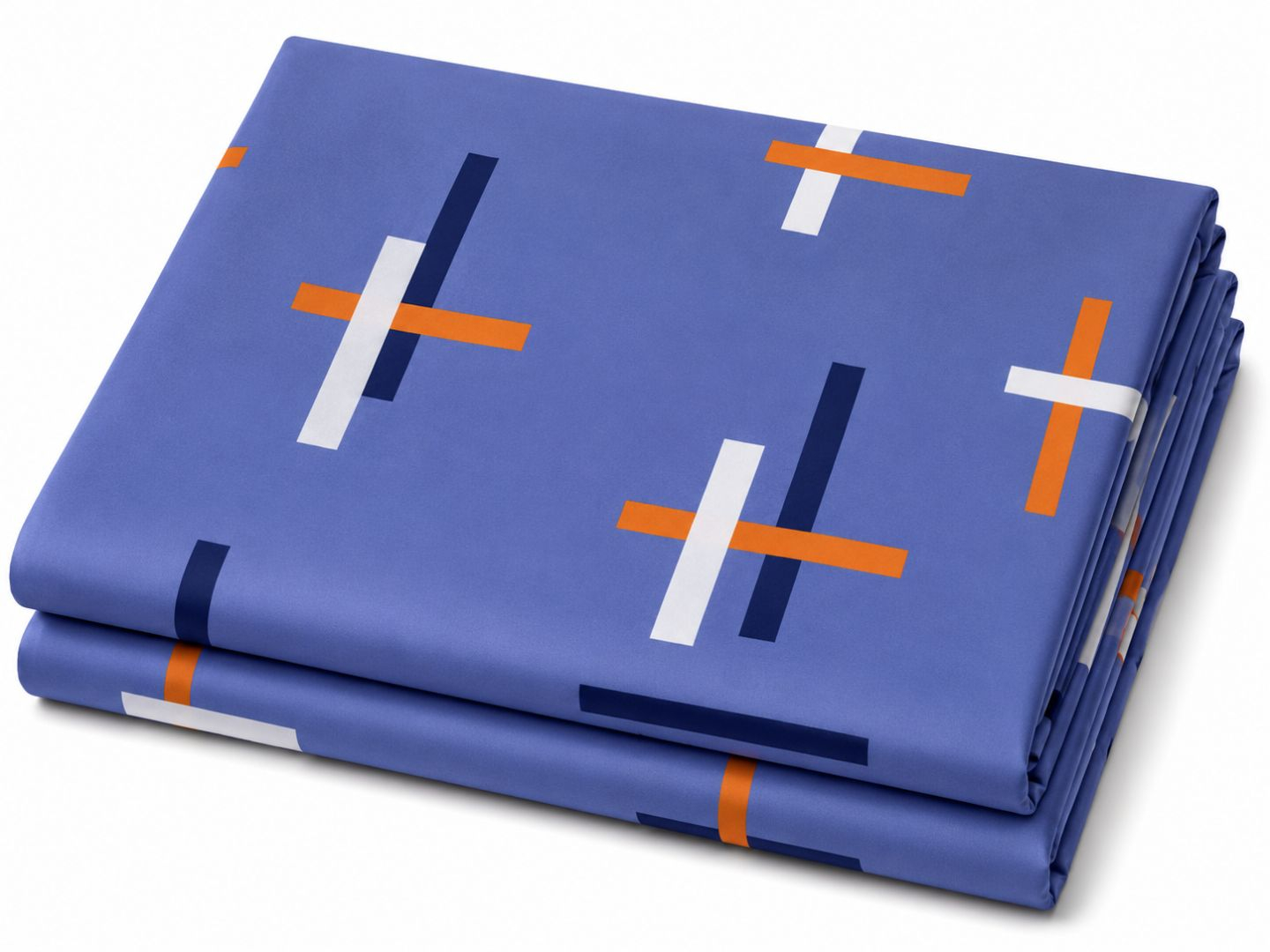 Blue Abstract Geometric Print Bedding Material with Orange and White Linear Pattern