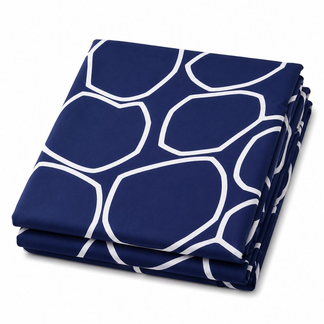 Navy Blue Abstract Pebble Print Bedding Material with White Outline Pattern