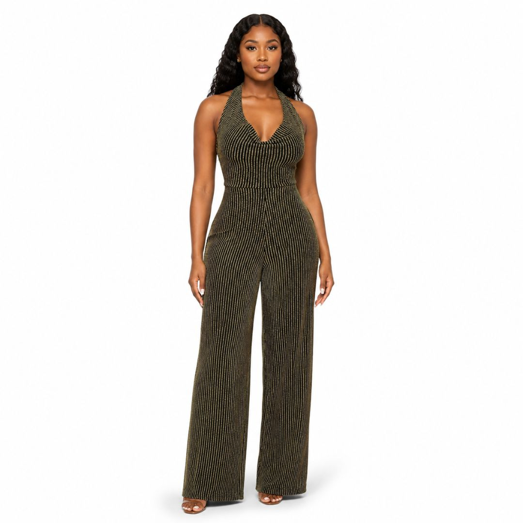 Gold Stripe Halter Wide Leg Jumpsuit