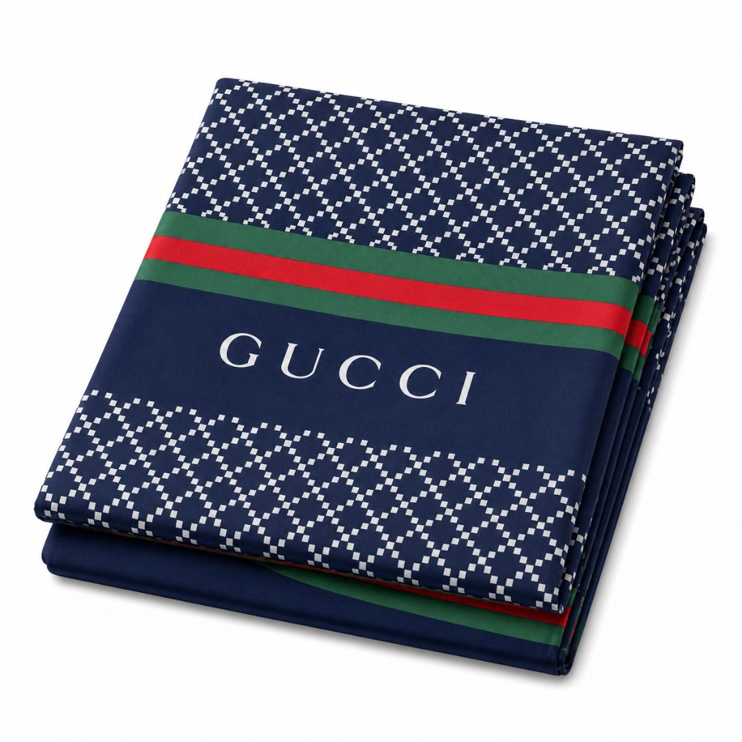 Navy Blue Geometric Print Bedding Material with Green and Red Stripe Design