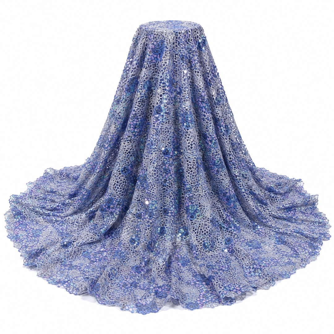 Premium Blue Sequin Embroidered Lace Fabric Material