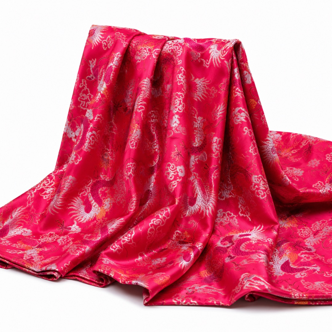Premium Pink Dragon Phoenix Damask Brocade Fabric Material