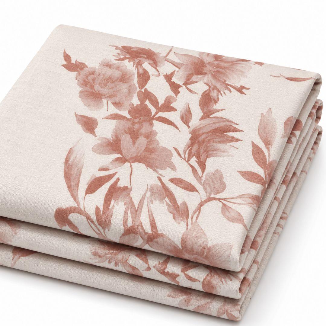 Cream Linen Look Floral Print Fabric, Dusty Rose Botanical Pattern