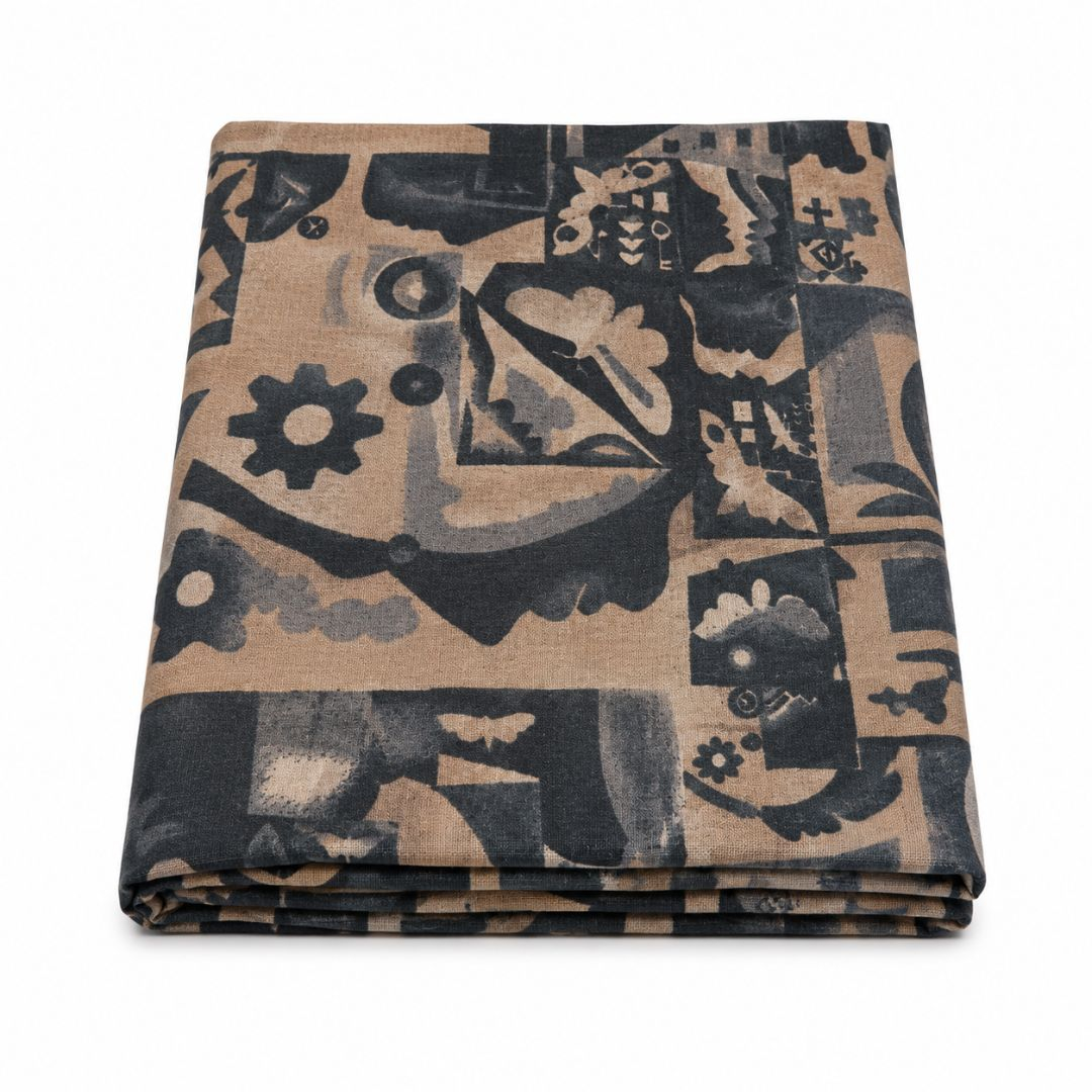 Abstract Geometric Printed Stripe Linen Material, Beige & Charcoal