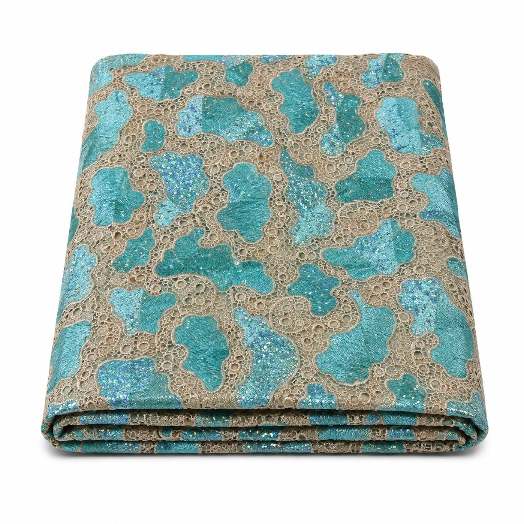 Turquoise Glitter Cord Lace Fabric