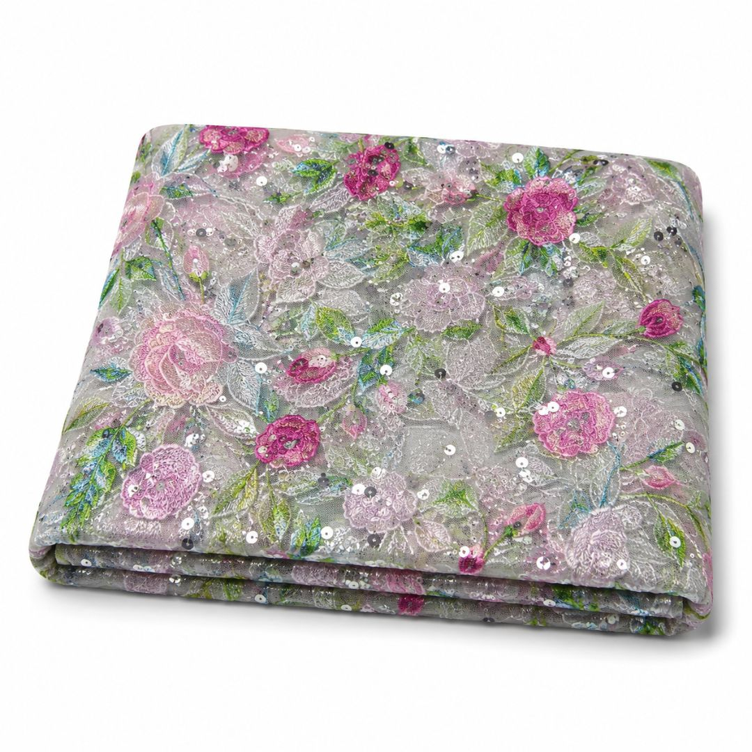 Premium Multicolor Floral Embroidered Sequin Mesh Lace Fabric