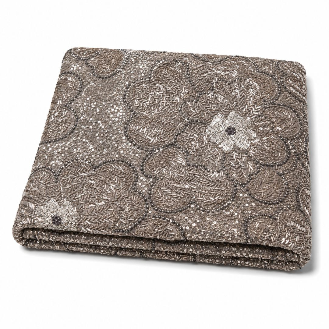 Luxury Silver Grey Floral Beaded Sequin Embroidered Lace Fabric