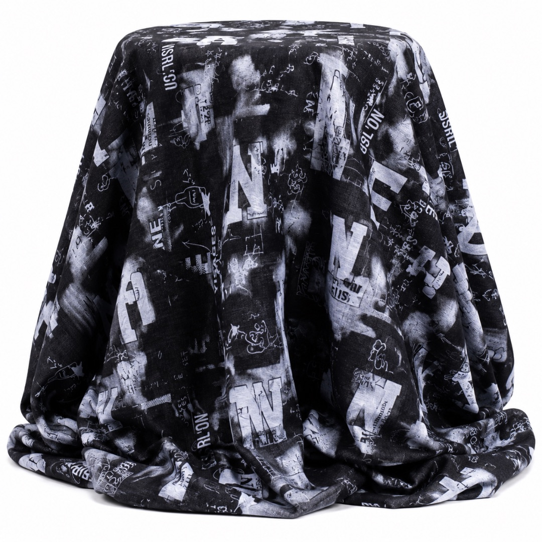 Black Graphic Print Jeans Fabric Material