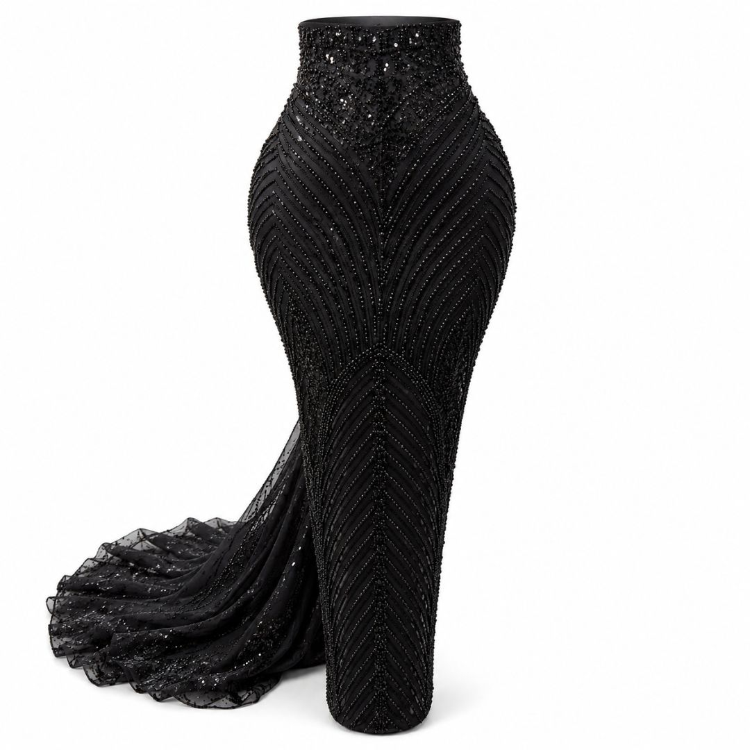 Black Beaded lace fabric