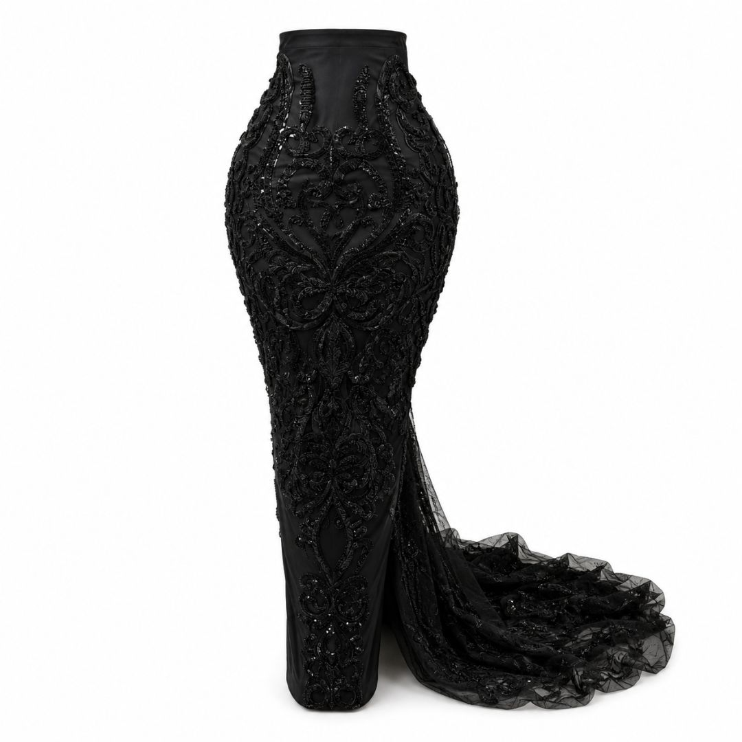 Black Luxury Beaded Mesh Lace Fabric  Ornate Designer Embroidered Couture Textile