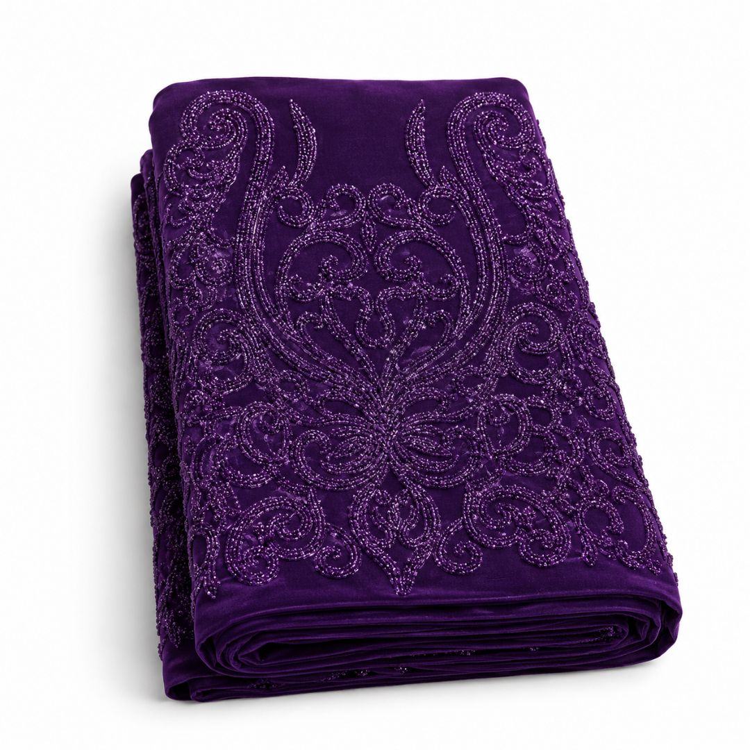 Luxury Purple Beaded Embroidered Lace Fabric