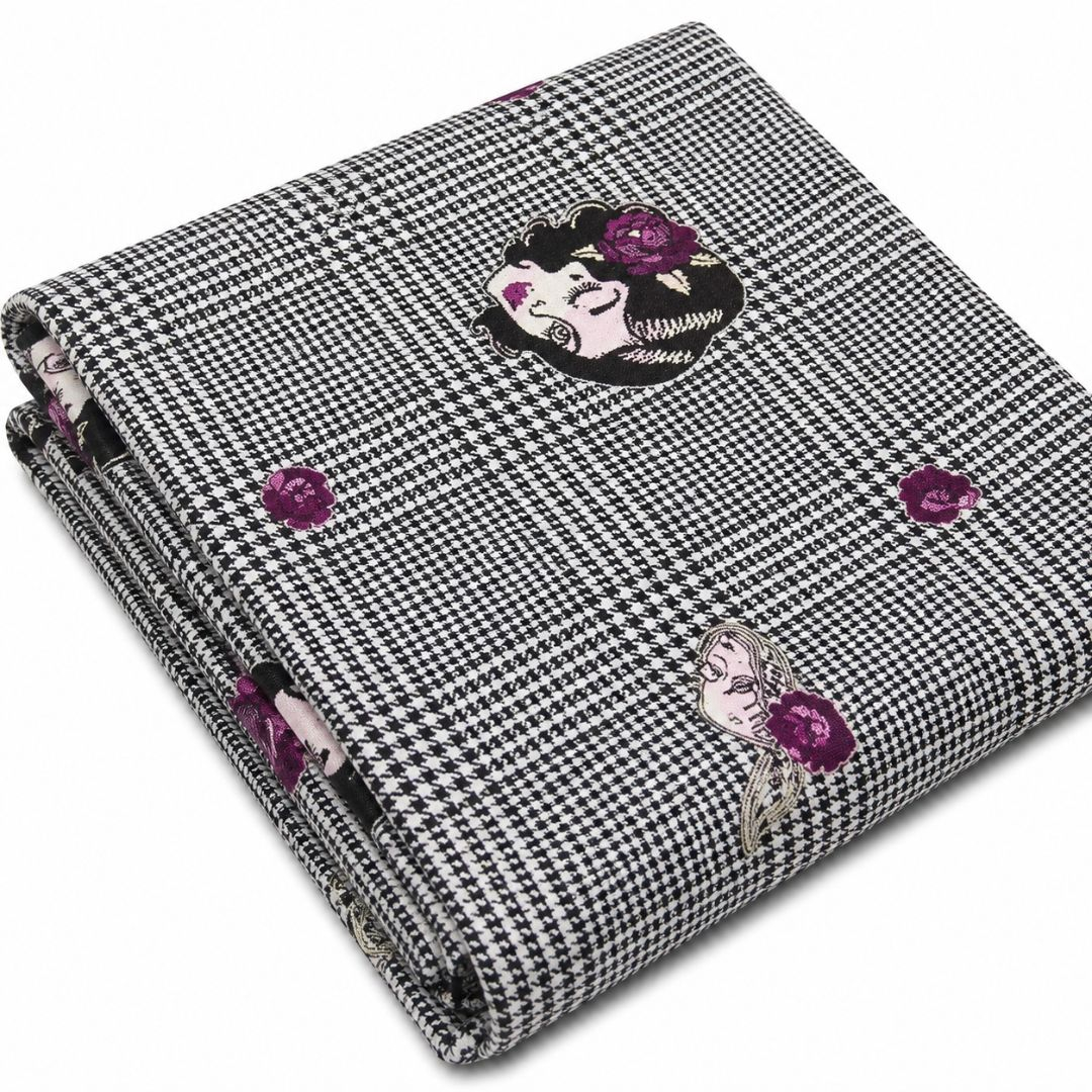 Premium Glen Plaid Printed Suiting Fabric with Lady Portrait Design for Dresses