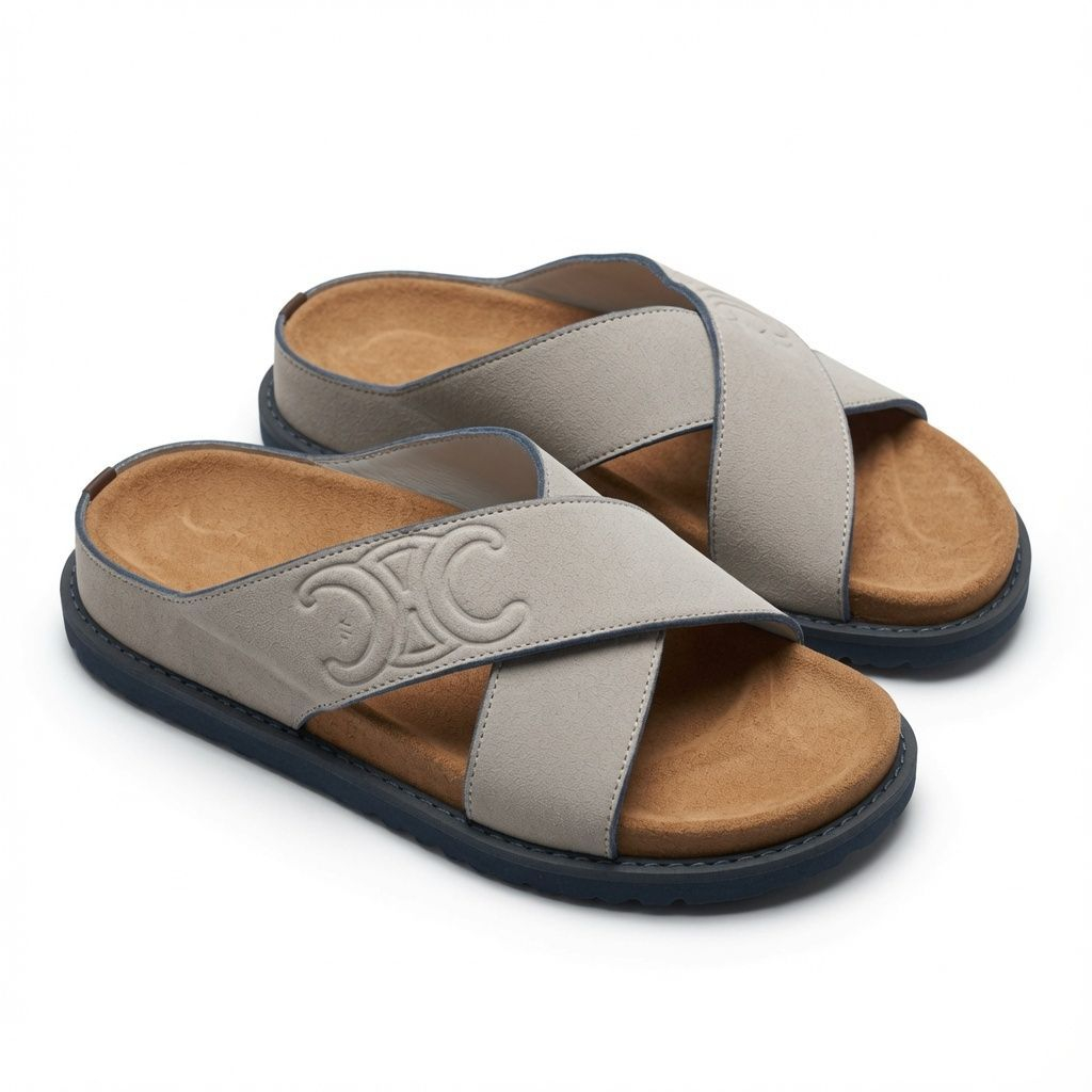 Mens Grey Cross Strap Comfort Slide Sandal