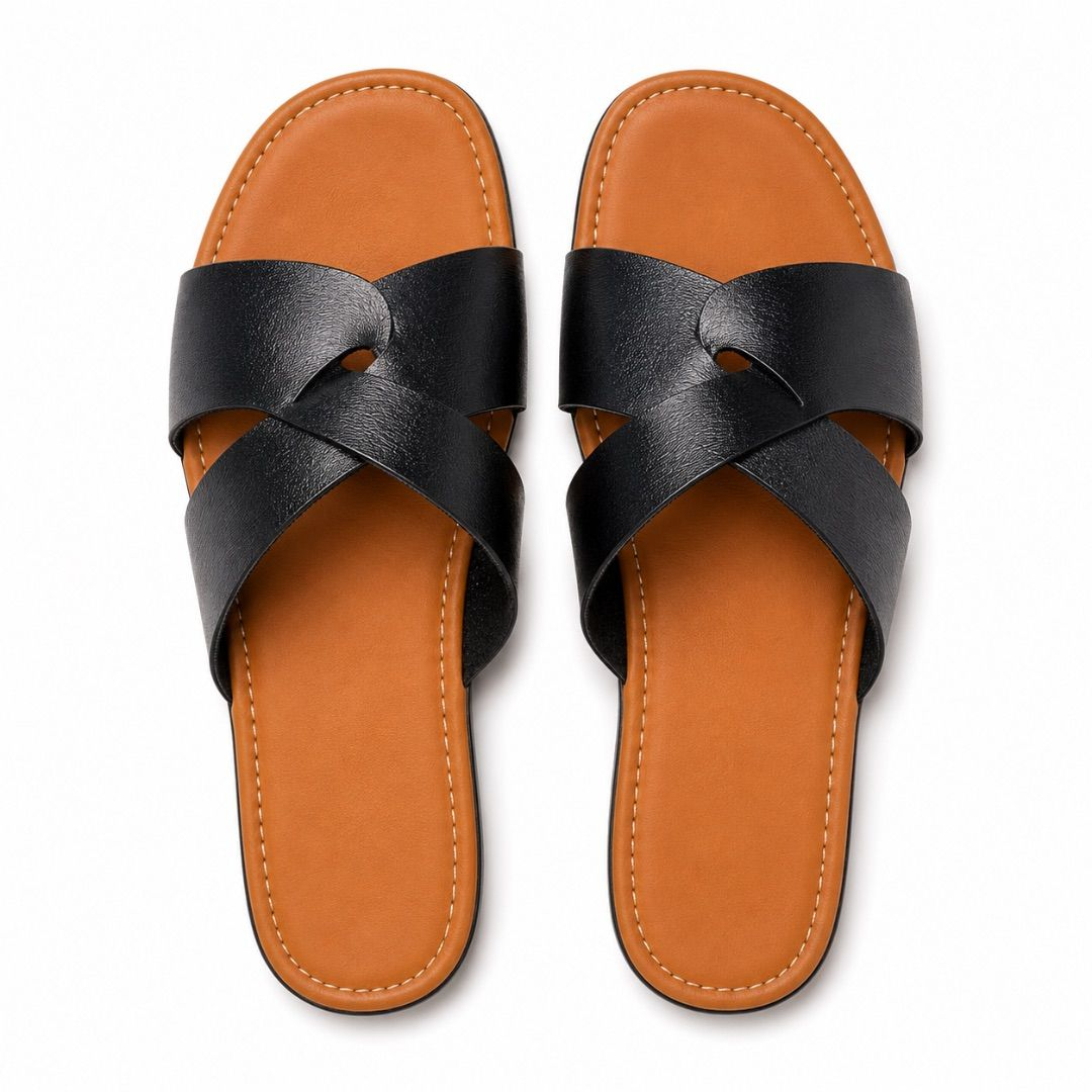 Luxury Black Cross Strap Flat Slide Sandal for Women