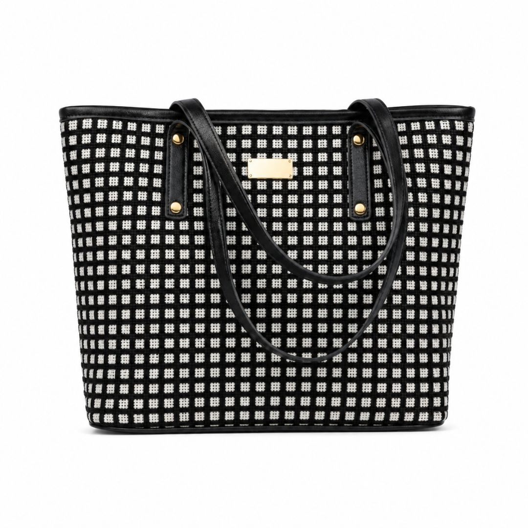 Black and White Structured Tote Bag with Leather Straps