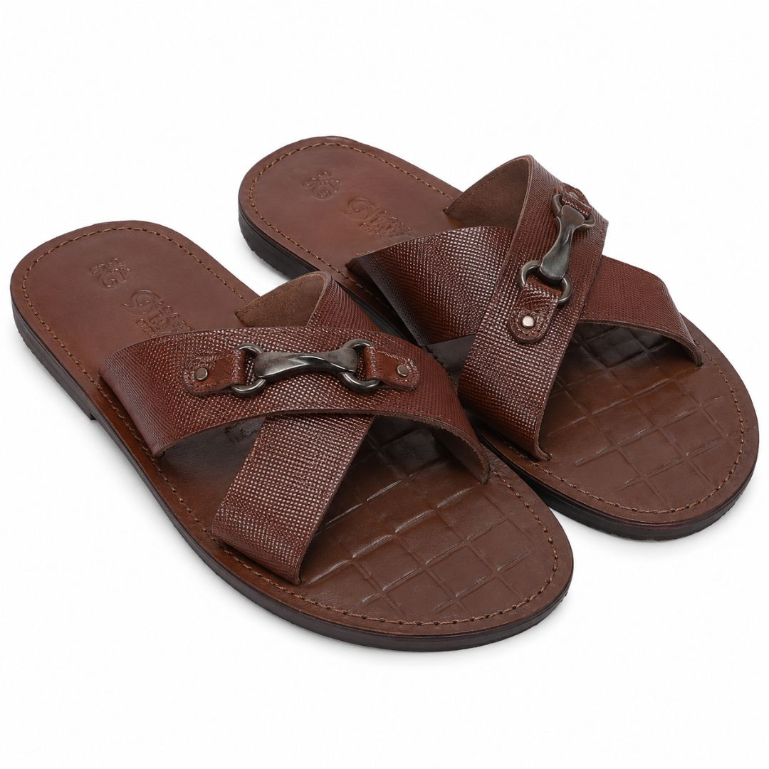 Mens Brown Double Strap Textured Buckle Leather Sandals