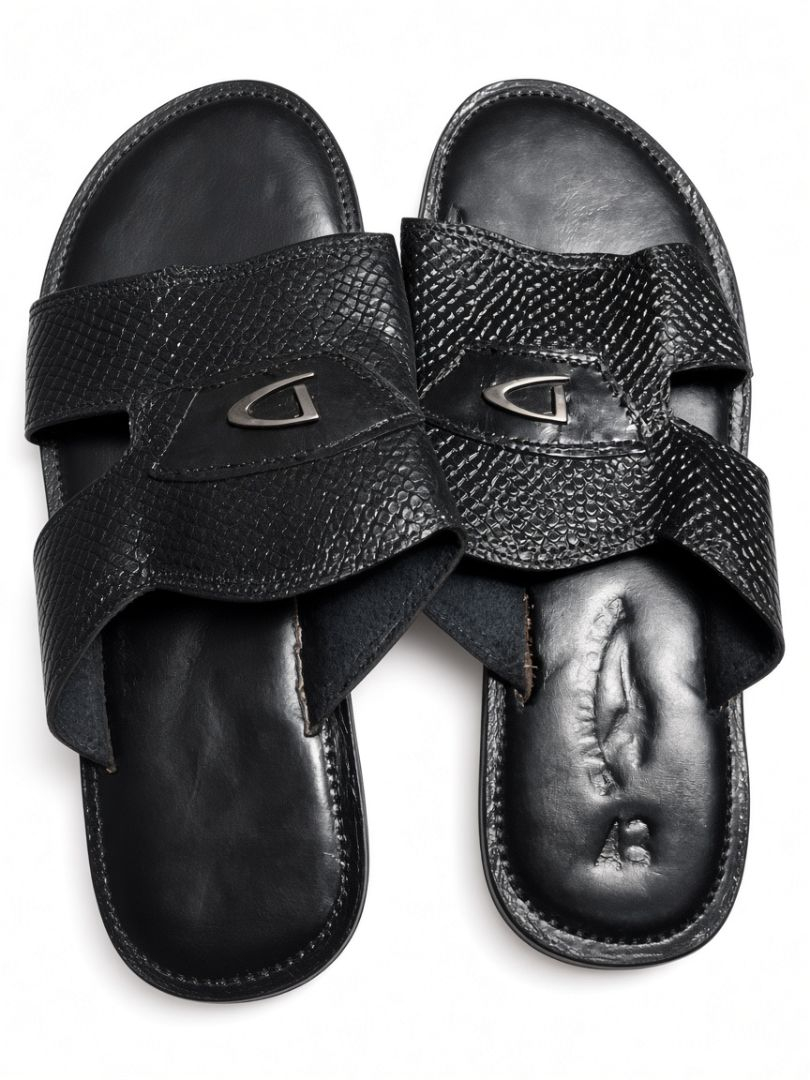Mens Black Leather Slippers with Textured Straps