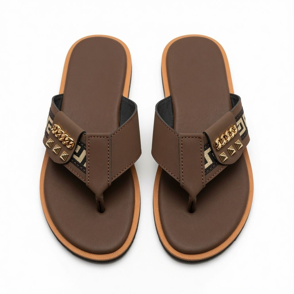Mens Premium Brown Cross Strap Open Toe Slip On Sandal with Gold Accent