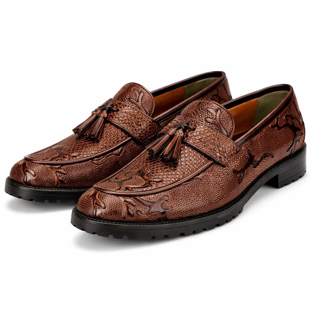 Brown Embossed Leather Tassel Loafer with Rugged Sole