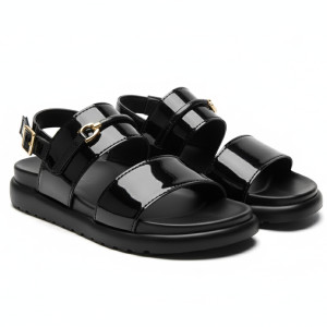 Black Patent Leather Sandals with Gold Buckle