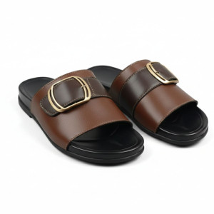 Stylish Dual Tone Leather Slide Sandals with Gold Buckles