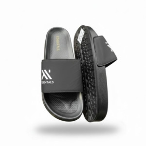 Black Slip On Sandals with Textured Strap and Contoured Footbed