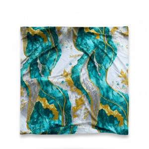 Crepe Vintage Luxurious Teal and Gold Abstract Satin Fabric with Botanical Design