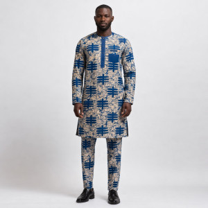 Cream and Blue Ankara Fabric