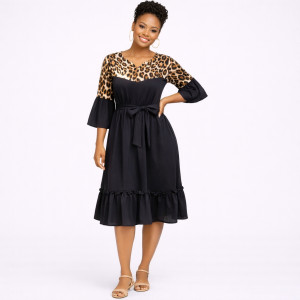 Decorative Front Trim Midi Dress with Flared Sleeves