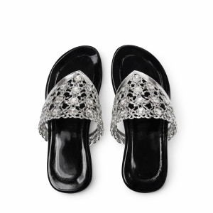 Embellished Flat Slide Sandals with Metallic Strap