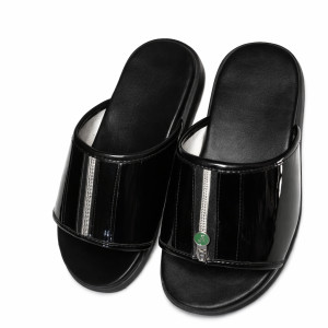 Quality Men Black Glossy Slide Sandals with Front Zipper Detail