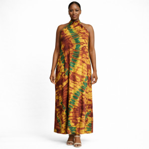Womens Sleeveless High Neck Maxi Dress Multicolor Tie Dye Print