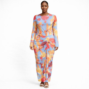Long Sleeve Floral Ruched Maxi Dress