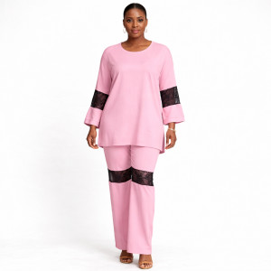 Womens Two Piece Pink Lounge Set with Lace Trim