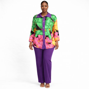 Womens Floral Print Long Sleeve Button Up Top and Pants Set