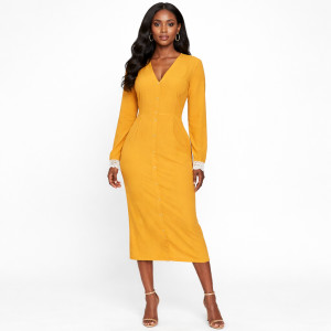 Womens Mustard Long Sleeve Button Front Midi Dress