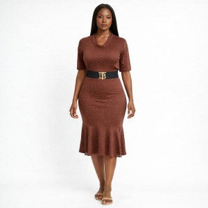 Womens Brown Textured Short Sleeve Knee Length Dress