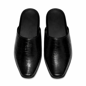 Mens Black Slip On Mule Loafers with Low Heel