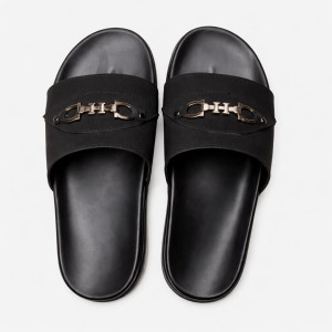 Mens Black Luxury Slide Slippers with Metal Accent