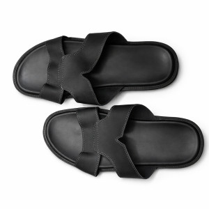 Mens Black Leather Slip On Sandals